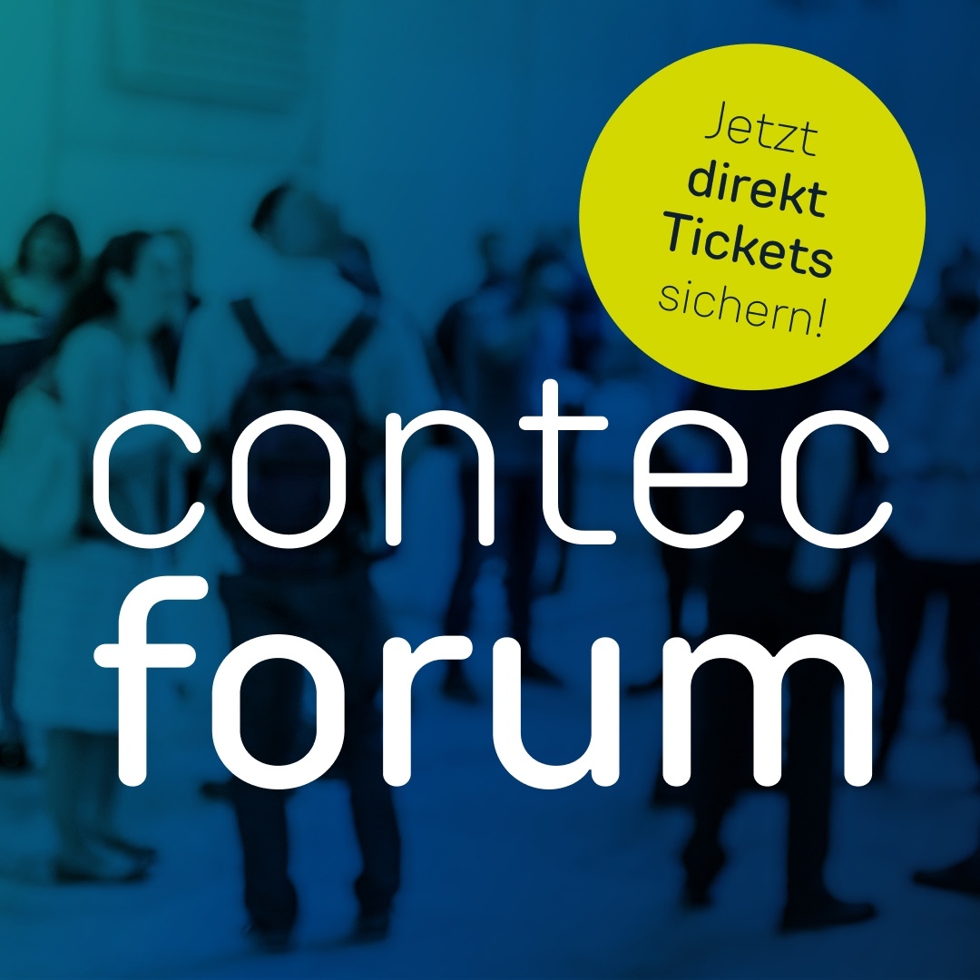 Teasergrafik zum contec Forum 2026. Text: Jetzt direkt Tickets sichern