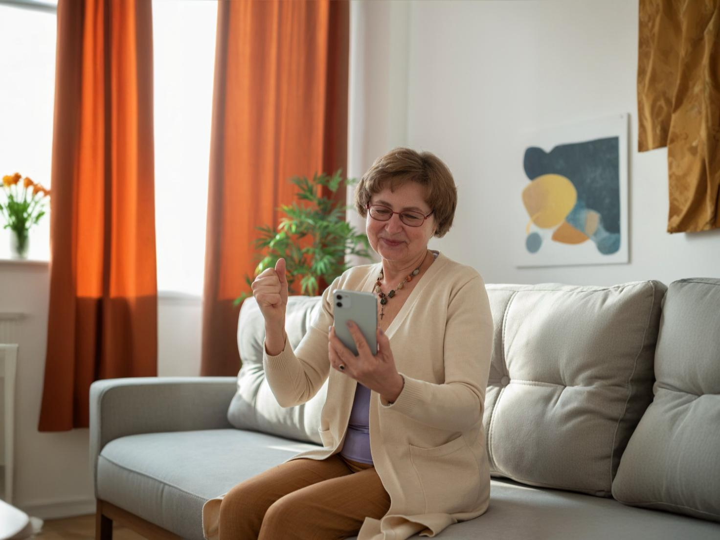 Eine ältere Frau sitzt auf einer Couch und hält ein Smartphone in der Hand - mit Blue Smart Care wird Altern und Pflege innovativ neu gedacht.