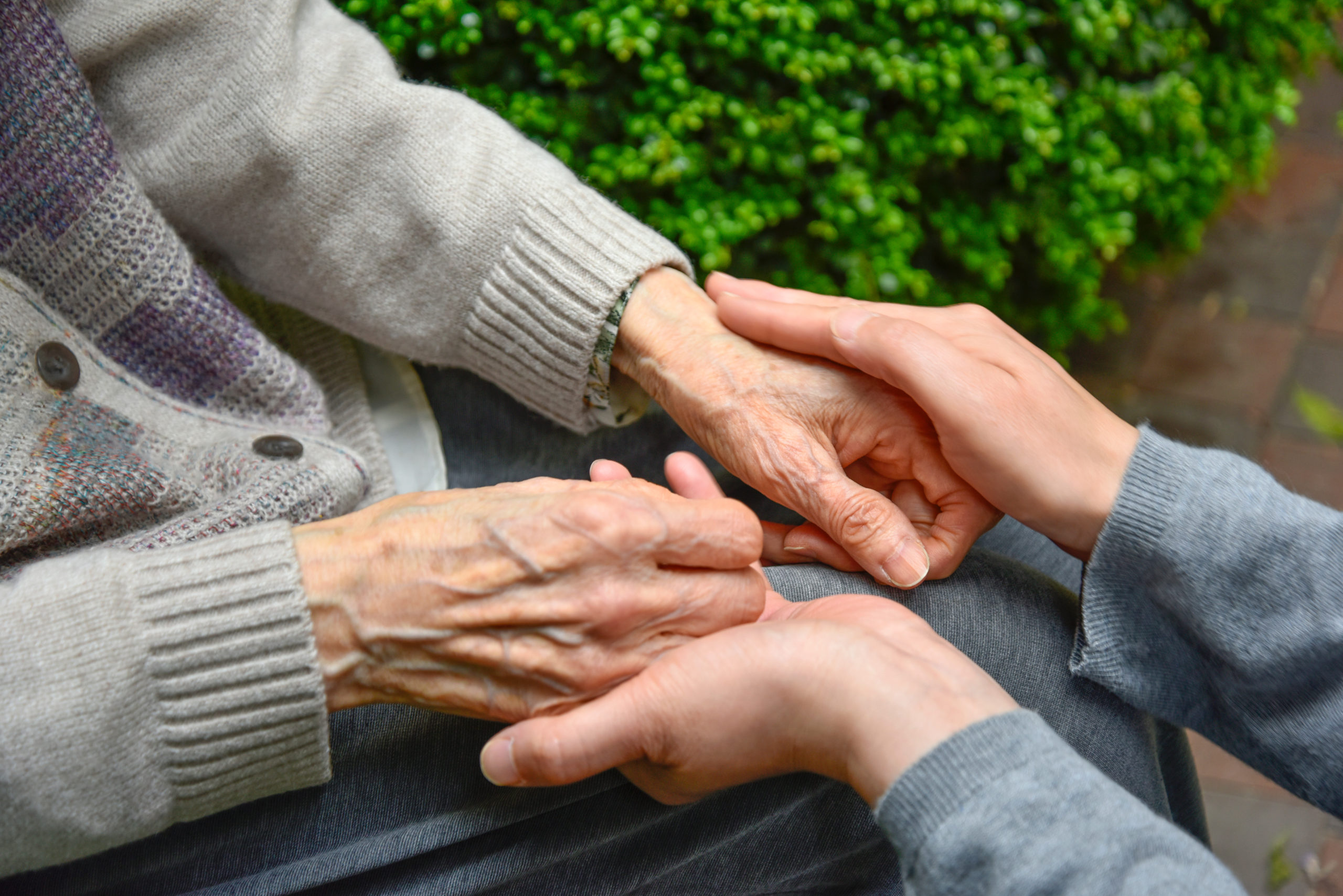 Ältere Frau und Pflegerin halten sich im Garten an den Händen_Gesundheitliche Versorgungsplanung