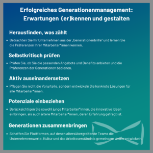 Liste an Dingen, die Arbeitgeber für ein erfolgreiches Generationenmanagement beachten sollten,