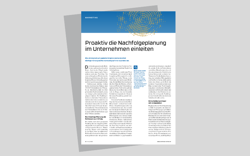 Die erste Seite des Fachbeitrags "Proaktiv die Nachfolgeplanung in Unternehmen einleiten". Veröffentlicht in der Fachzeitschrift Care Invest