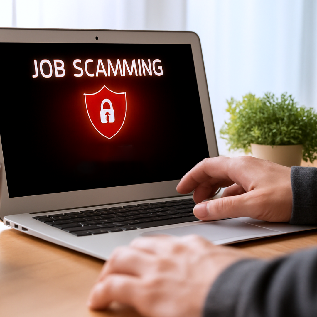 Ein geöffnetes Notebook. Auf dem Bildschirm ist der Warnhinweis "Job Scamming" zu sehen,